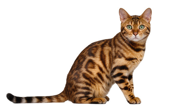 Bengal cat with green eyes and spotted fur sitting
