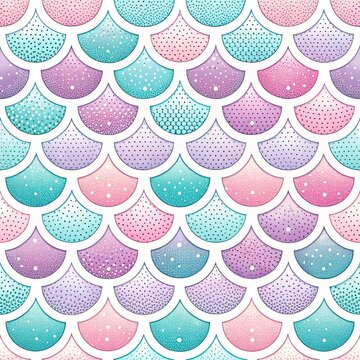 Iridescent mermaid scales seamless pattern with glitter effect for party packaging design