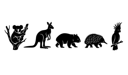 Australian Wildlife Animal Silhouette Vector Set with Koala Kangaroo Wombat Echidna and Cockatoo © MDSALIM