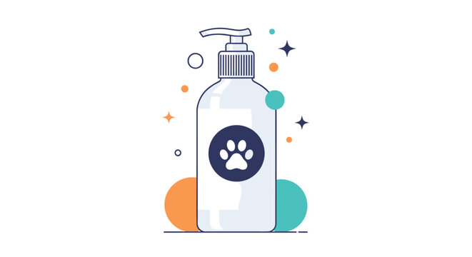Bottle of specialized pet shampoo with a pump dispenser and paw print label surrounded by decorative colorful bubbles and shapes.