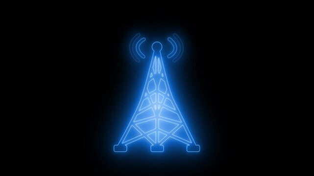 Glowing neon radio tower icon on black background animation