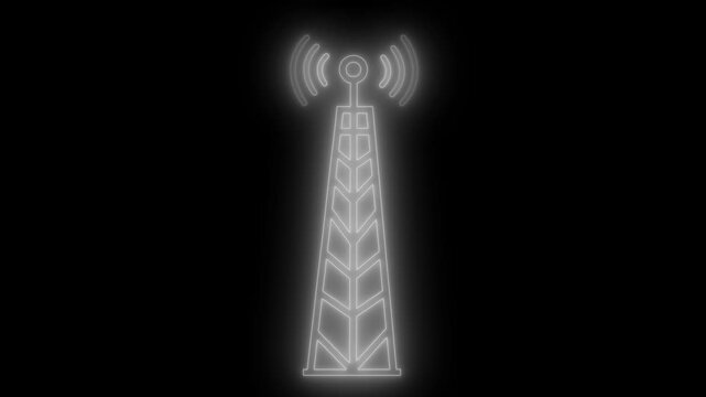 Glowing neon radio tower icon with concentric signal waves on a black background animation