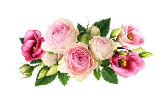 Small pink roses and eustoma flowers in a floral arrangement isolated on white or transparent background