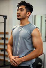 Obraz premium Focused young man standing in gym wearing sleeveless shirt