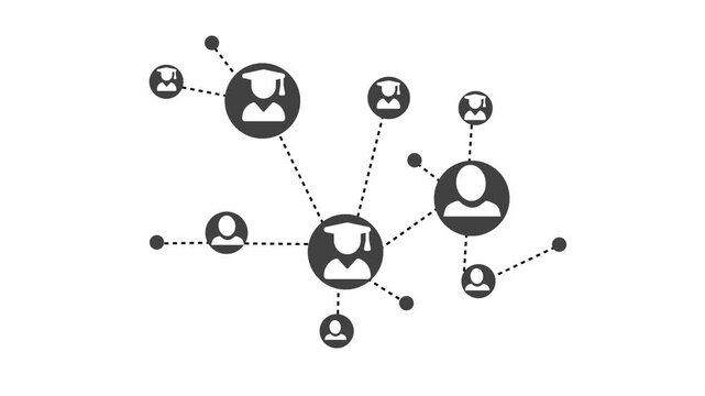 Network circular icons with user and graduation cap silhouettes connected by dotted lines animation