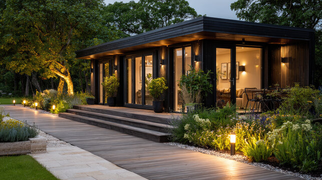 Modern backyard accessory dwelling unit with bifold doors opening to a lush garden, creating a seamless indoor outdoor living experience with minimalist architecture