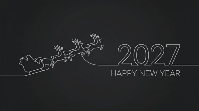Minimalist line art of Santa Claus and reindeer with Happy New Year text