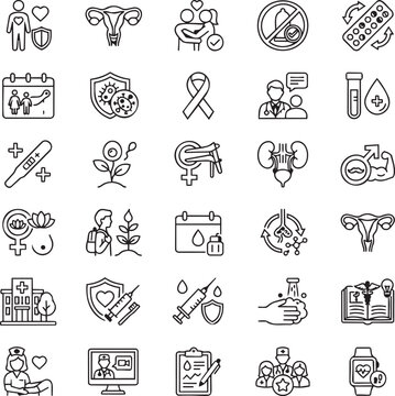 Sexual Health Line Vector Icons for Reproductive Wellness, Safe Healthcare, Medical Education and Clinical UI Design