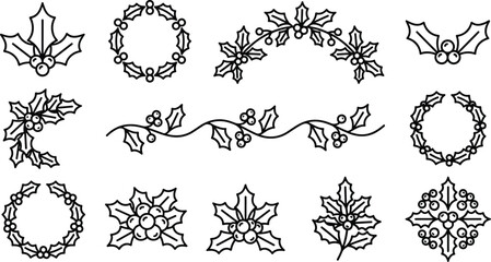 Holly leaf and berry decorative elements in a clean outline style isolated on white background © Mdjillur