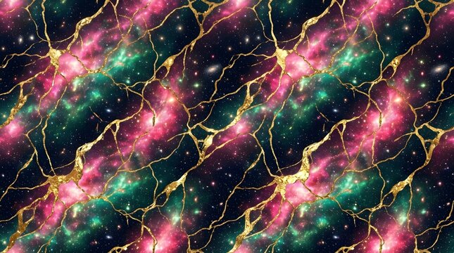 Vibrant Cosmic Tourmaline Nebula and Luxury Gold Kintsugi Hybrid Seamless Pattern
