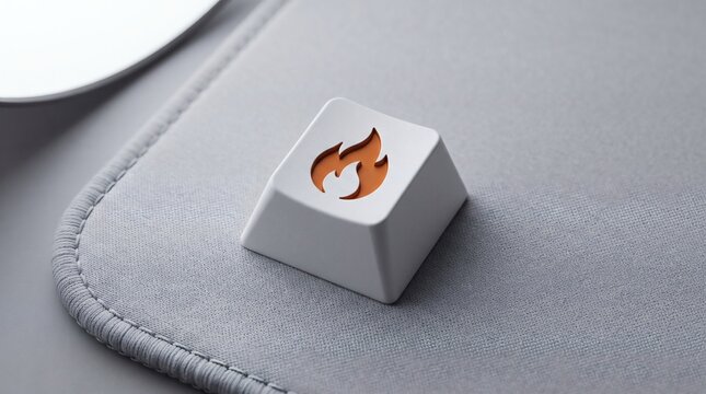Close-up of a white mechanical keyboard keycap with an orange flame icon on a grey surface.