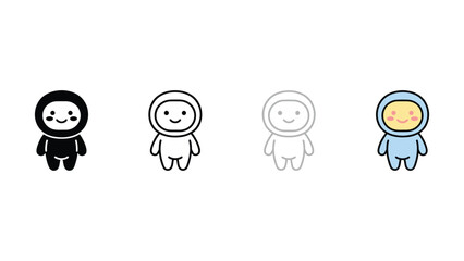Four cute cartoon astronauts in different colors standing alone on white background © mohibul