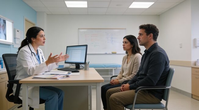 Healthcare professional counseling couple about reproductive medicine and family planning.