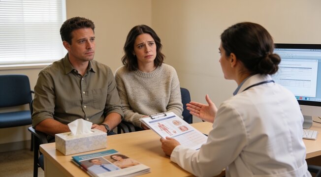 Female physician discussing parenthood planning and fertility care in hospital office.