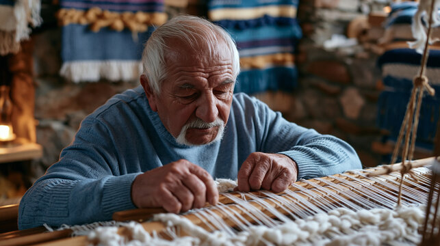 Elderly master weaver in candlelit highland studio bends over centuries-old floor loom, calloused fingers threading weft through warp, autumn harvest textiles draped across rough stone walls, back-t