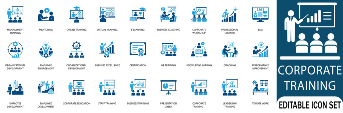 Corporate training and employee development icon set. Blue vector glyph icons for business coaching, e-learning, leadership, HR, and online workshops.