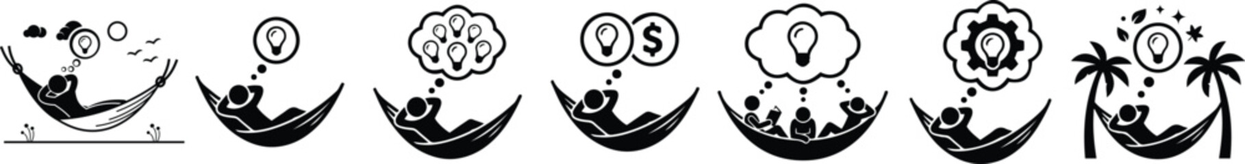 Collection of black glyph icons depicting person relaxing in hammock with thought bubbles and ideas. © Ripon Sojib
