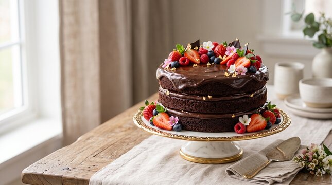 Decadent Chocolate Layer Cake with Fresh Berries, Gold Flakes, and Flowers