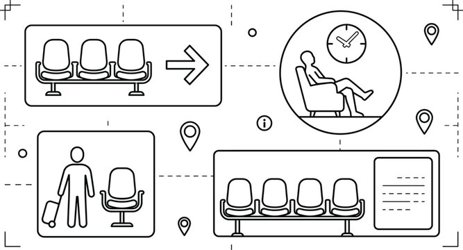 Airport waiting area terminal lounge line art vector icons set passenger travel station background doodle illustration