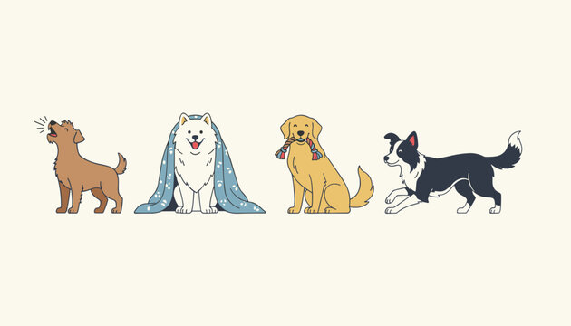 Four cute cartoon dogs of different breeds show playful behaviors including barking, hiding, and holding a toy.