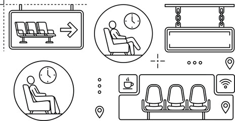 Airport lounge and waiting area icon set with passenger seating direction sign wifi and hanging blank signboard © MDBABULU