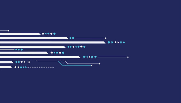 High-tech digital background with white lines and cyan symbols creates a futuristic interface feel on dark blue.