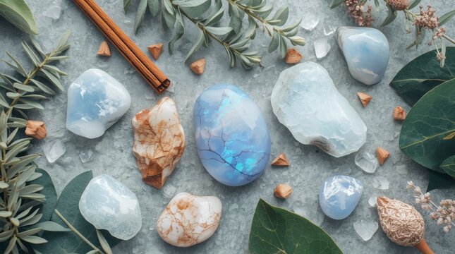 Flat lay of polished opalite and agate crystals arranged with aromatic incense sticks and fresh green botanical leaves on a textured grey stone surface