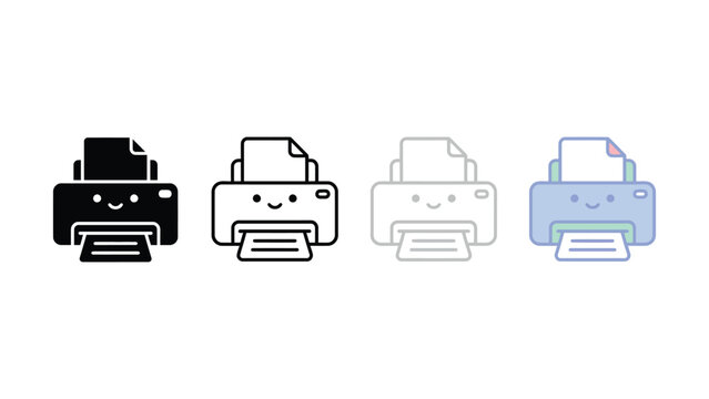 Four smiling printer icons in different colors on a white background