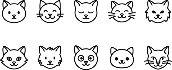 Various feline faces with distinct expressions in a clean line drawing style isolated on white background © Mdjillur