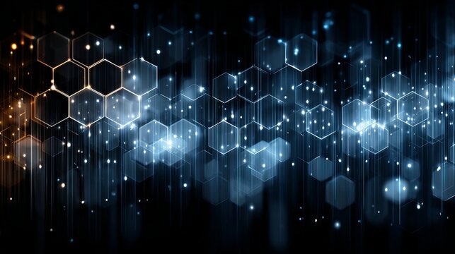 Abstract futuristic digital technology background with blue glowing hexagons and copy space, Blue neon cyber security backdrop with geometric structures, data network concept.