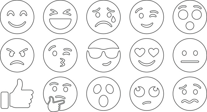 Minimalist emoji vector icon set, 15 black and white outline emoticons, expressive social media reactions, digital communication symbols, user interface design elements