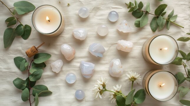 Flat lay composition featuring opalite crystals surrounded by lit candles fresh eucalyptus branches and white flowers on a textured linen fabric surface