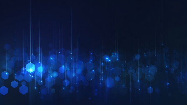 Abstract futuristic digital technology background with blue glowing hexagons and copy space, Blue neon cyber security backdrop with geometric structures, data network concept.