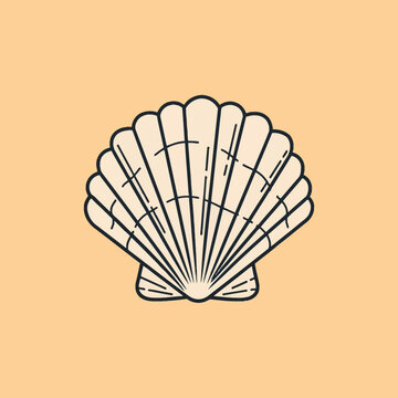 Stylized vector illustration of a scallop seashell with black line art and minimalist detail isolated on a solid pale orange background, representing marine life and ocean decor.