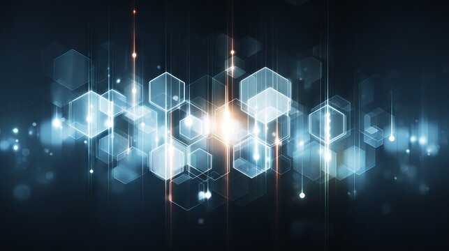 Abstract futuristic digital technology background with blue glowing hexagons and copy space, Blue neon cyber security backdrop with geometric structures, data network concept.