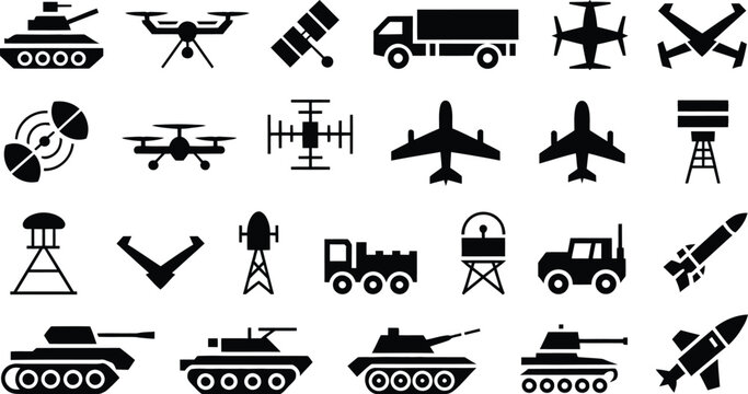 Military vehicles silhouette showcasing tanks, drones, aircraft, missiles, radar systems, weapons, defense equipment, battlefield, security, tactical icons, vector, designs..