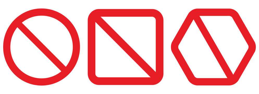 Set of empty prohibition sign templates in various geometric shapes for custom safety symbols and warning graphics. Editable vector for branding, signage and print design.