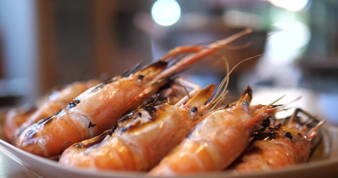 Close up of grilled river prawns on a plate