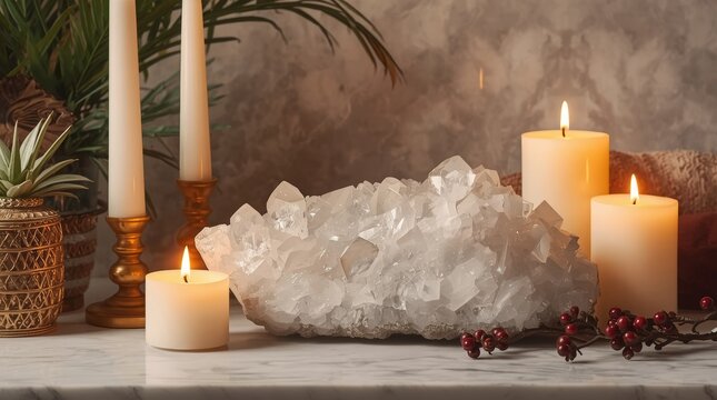 Luxury spiritual decor featuring a large clear quartz crystal cluster surrounded by glowing pillar candles and red berries on a polished marble surface