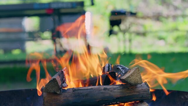 Burning campfire in the garden, symbolizing the return to a grounded, analog reality.