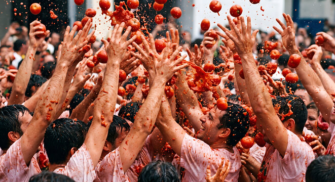 Many hands reaching up to catch a massive splash of flying tomatoes at food fight festival