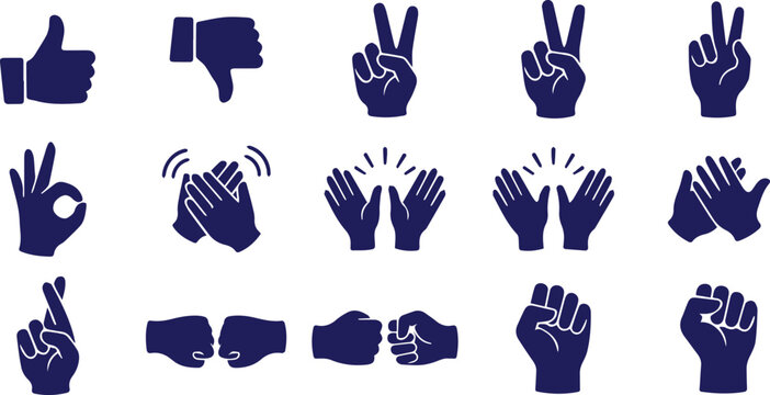 Hand gestures vector icon set, diverse human hands expressing communication and emotion, modern flat design symbols for user interfaces and social media, isolated on white background.