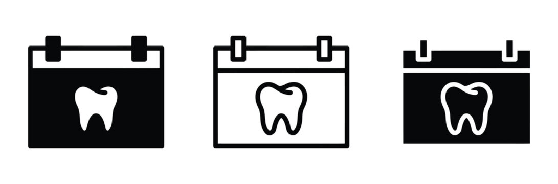 WebDental appointment icon set with tooth on calendar. Dentist checkup schedule, teeth care booking event, stomatology date planner symbol vector illustration isolated on white background.