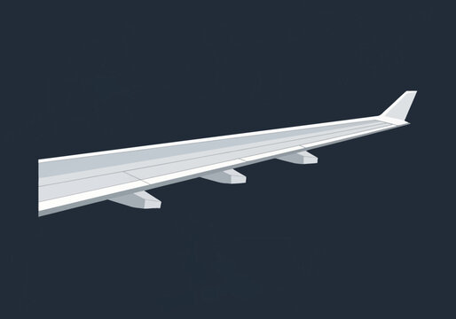 Detailed 3D vector illustration of a silver metallic airplane wing with flaps and wingtip isolated on a dark background, for aerospace engineering and commercial aviation design.
