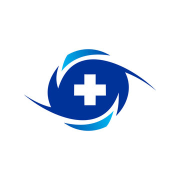 Blue medical cross inside abstract swirling eye shape logo.