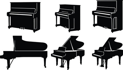 Black silhouette piano set featuring upright piano and grand piano variations musical instrument vector illustration isolated design collection classic concert music theme © SADRE