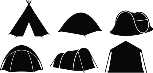 Camping tent silhouette set featuring teepee dome tunnel and cabin tents outdoor camping shelter vector illustration collection isolated design pack © SADRE