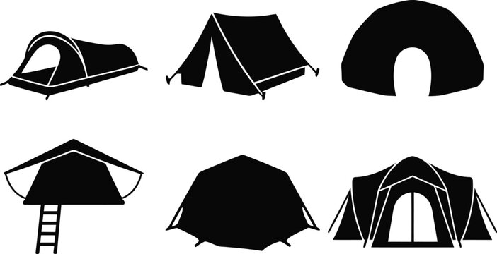 Camping tent silhouette set featuring rooftop tent dome tunnel inflatable and luxury glamping shelter vector illustration collection design isolated pack