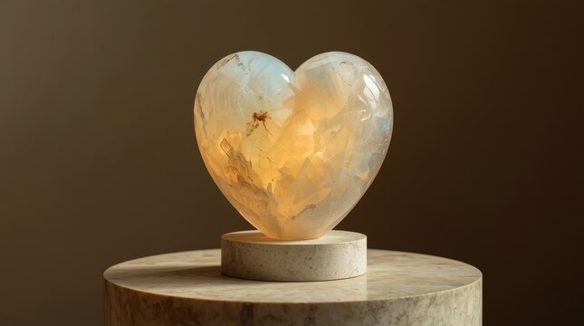 Glowing opalite crystal heart sculpture displayed on a polished travertine pedestal under soft ambient lighting for elegant interior decor