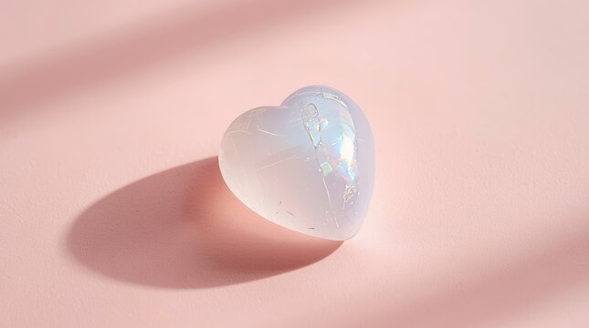 Iridescent opalite crystal heart resting on a soft pastel pink surface with elegant light and shadow play for minimalist romantic conceptual photography